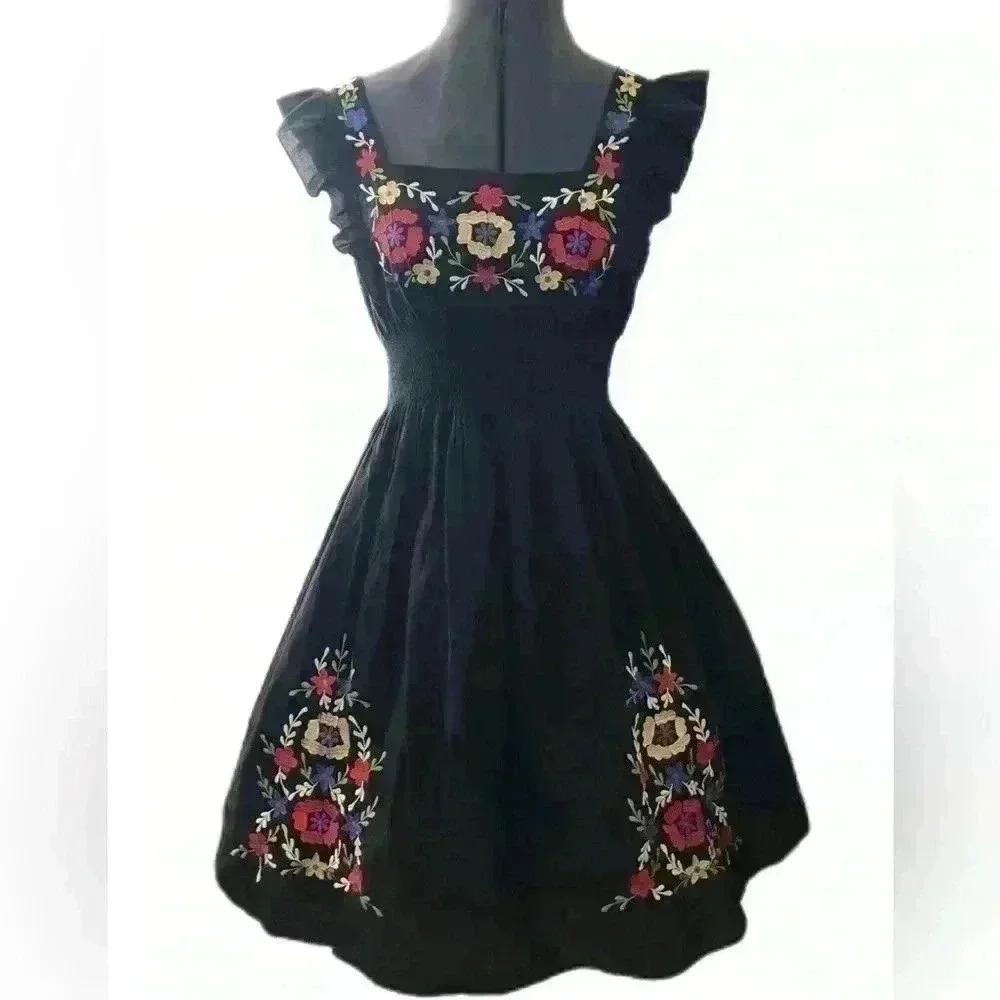 VTG Speed Control New York Black Embroidered Dress Women M
